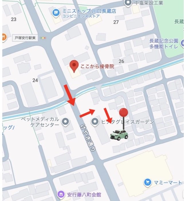 ここから接骨院から第2駐車場への地図